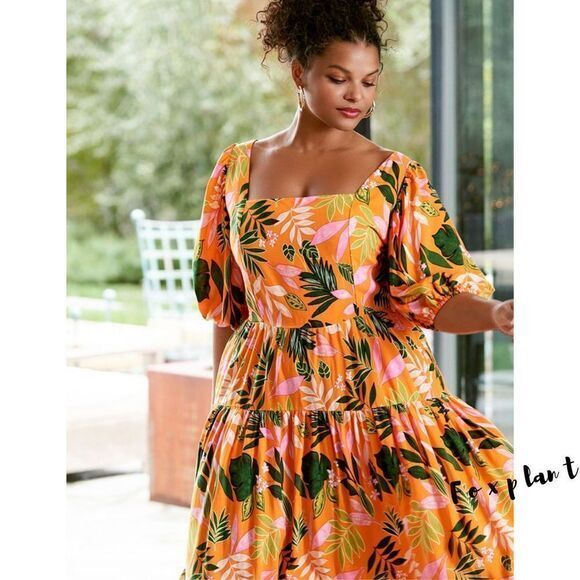 Eloquii orange Square Neck Midi Dress  floral green leaves‎ tiered, 26 - Picture 1 of 16